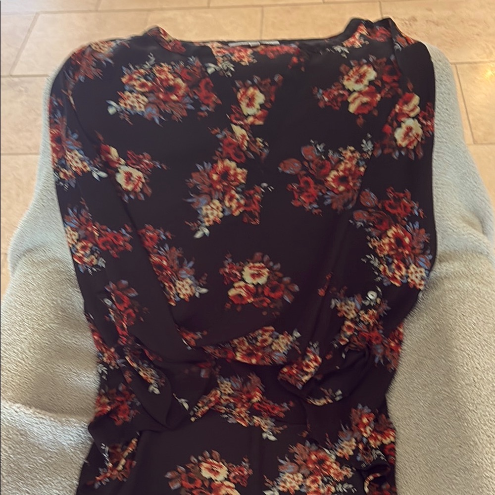 Daniel Rainn Black Blouse 3/4 sleeves relaxed fit with Red Floral Design